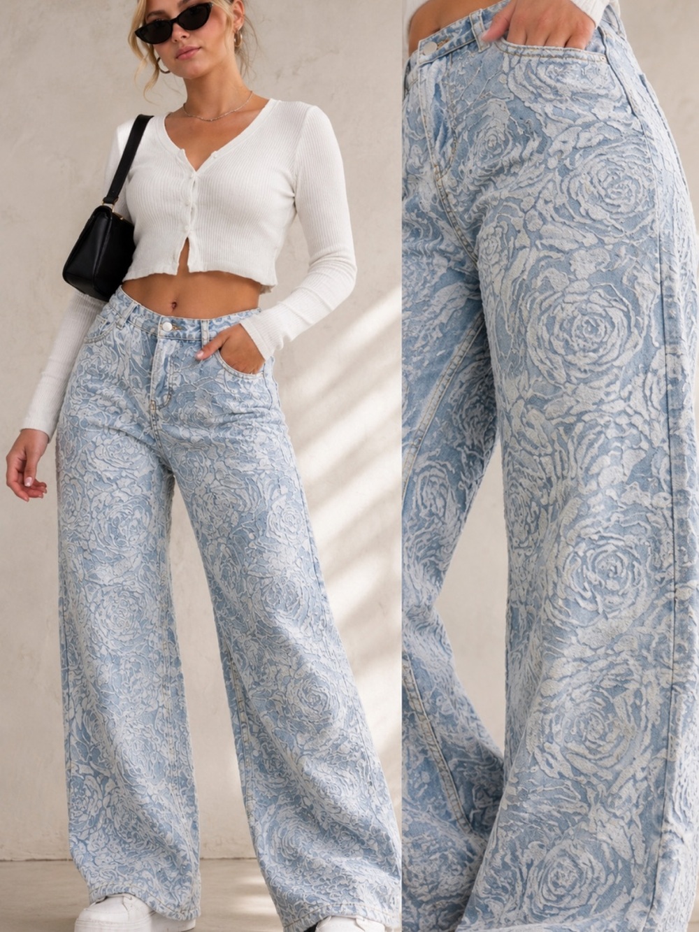 Vintage Y2K Rose Burnout Wide Leg Jeans Coquette Fairy Grunge Boho Small
